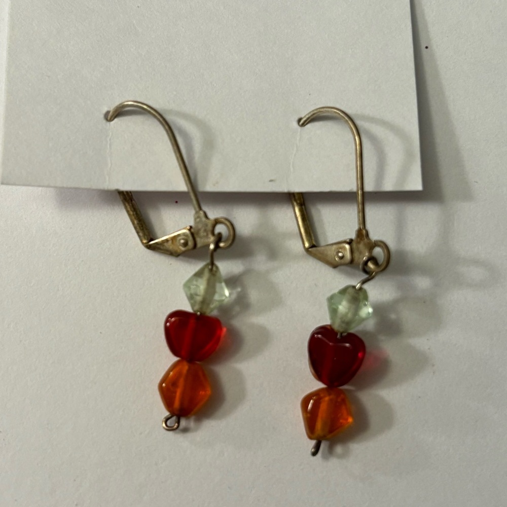 Handmade Handcrafted Beaded Heart & Diamond Dangle Earrings - red orange & clear